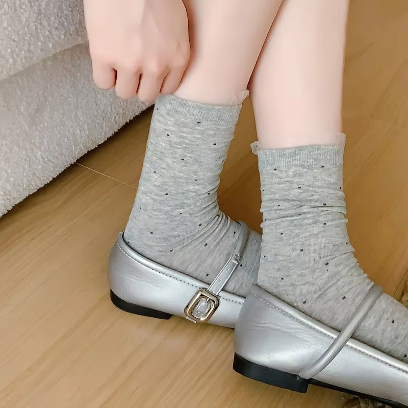 夏季日系波点堆堆袜 无骨纯棉蕾丝花边 芭蕾风中筒女袜 舒适透气