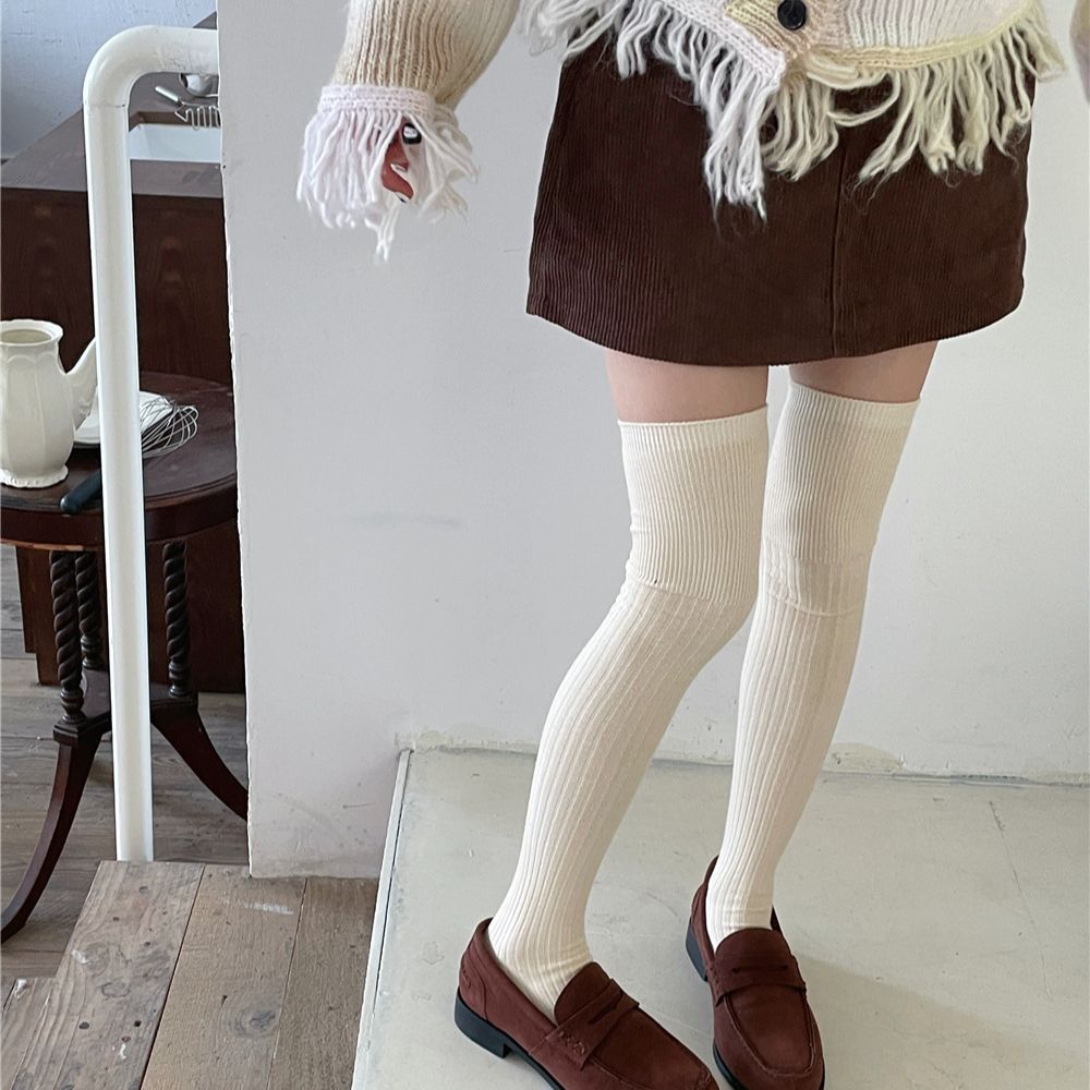 IOULOR秋冬MIU风竖纹过膝袜 - 新款百搭纯色长筒袜，保暖显瘦棉质袜子