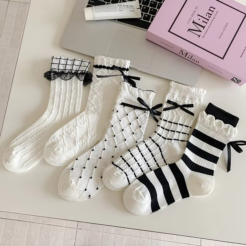 春季韩系无骨白色花边蝴蝶结中筒女袜 时尚叠穿堆堆棉袜子