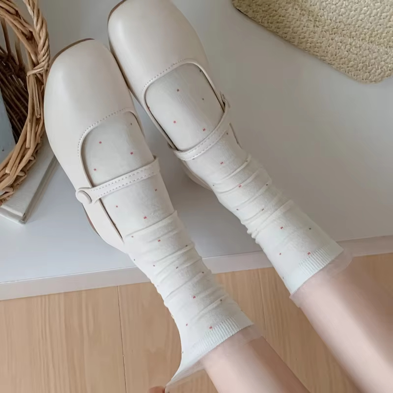 夏季日系波点堆堆袜 无骨纯棉蕾丝花边 芭蕾风中筒女袜 舒适透气