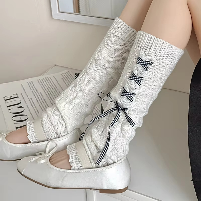 日系甜美Lolita绑带蝴蝶结针织袜套，秋冬时尚女小腿袜，JK风必备