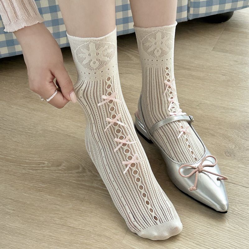 夏季薄款洛丽塔袜子 - 蝴蝶结蕾丝中筒袜，公主风短袜