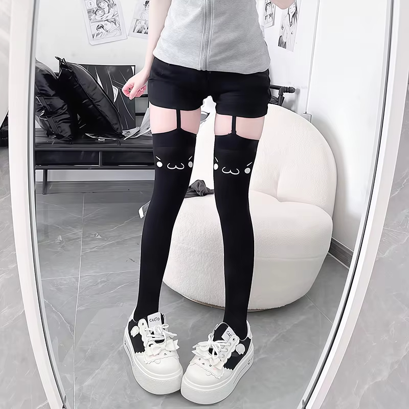 亚文化风潮吊带袜 - 天鹅绒高筒连裤袜，可爱表情印花，纯欲风格Lolita必备