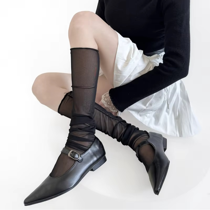 夏季新款透肉网纱长筒袜 - 显瘦百搭小腿袜，春秋必备时尚单品