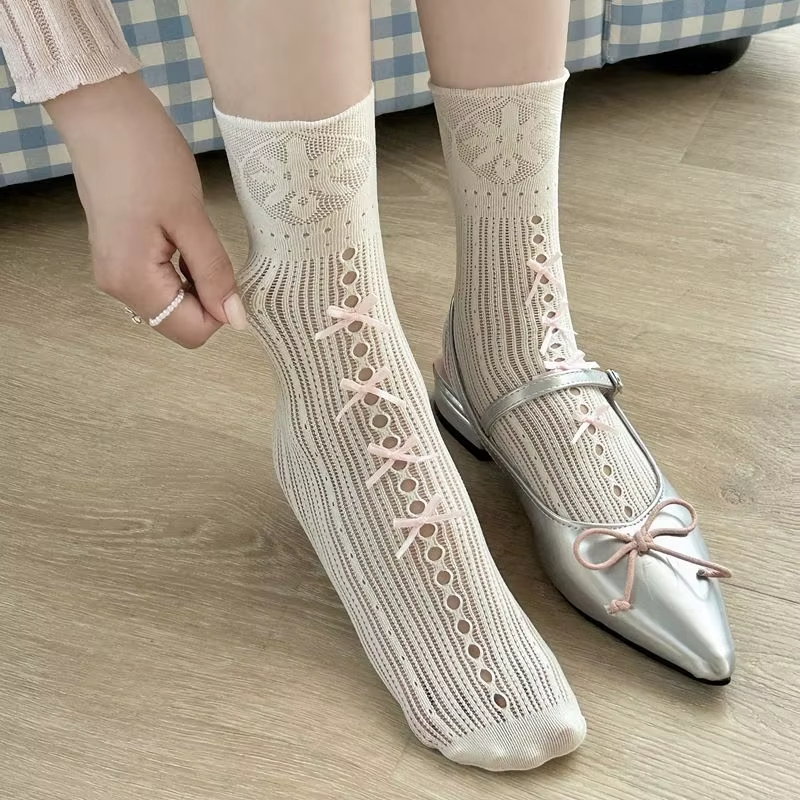 夏季薄款洛丽塔袜子 - 蝴蝶结蕾丝中筒袜，公主风短袜