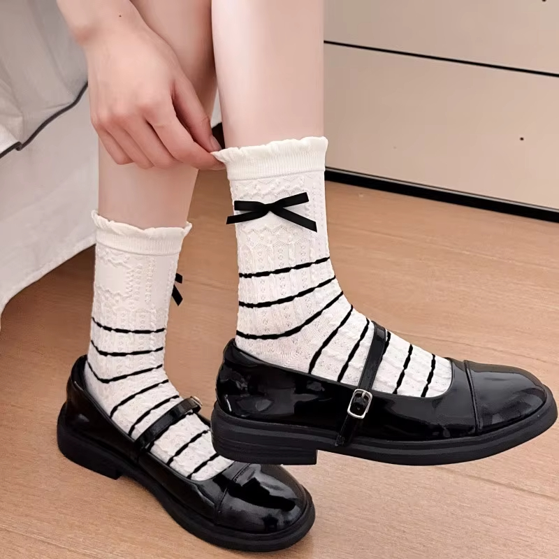 春季韩系无骨白色花边蝴蝶结中筒女袜 时尚叠穿堆堆棉袜子