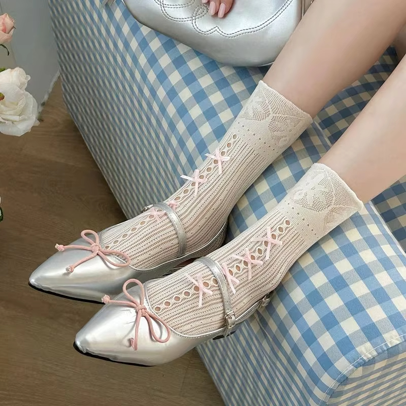 夏季薄款洛丽塔袜子 - 蝴蝶结蕾丝中筒袜，公主风短袜