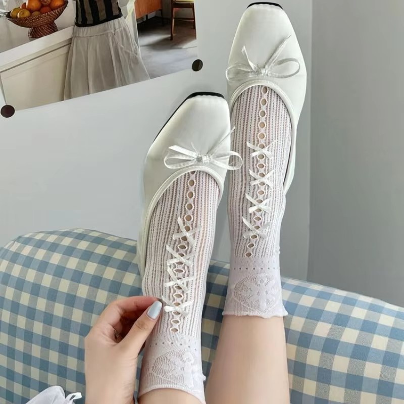 夏季薄款洛丽塔袜子 - 蝴蝶结蕾丝中筒袜，公主风短袜