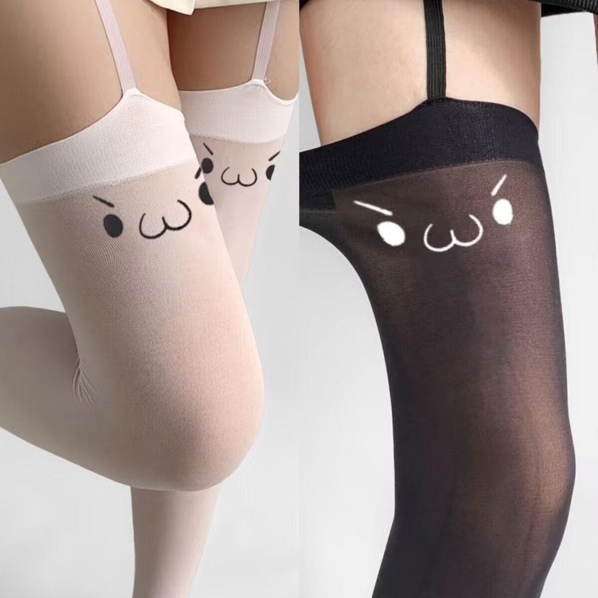 亚文化风潮吊带袜 - 天鹅绒高筒连裤袜，可爱表情印花，纯欲风格Lolita必备