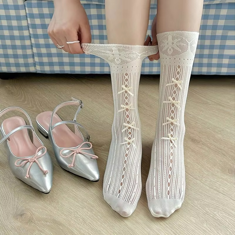 夏季薄款洛丽塔袜子 - 蝴蝶结蕾丝中筒袜，公主风短袜