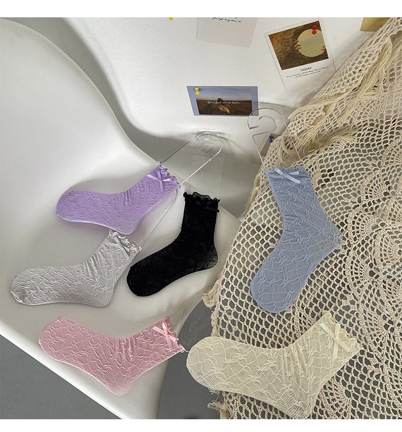 2023春夏新品糖果色韩国蕾丝蝴蝶结网袜 洛丽塔少女学生中筒堆堆袜