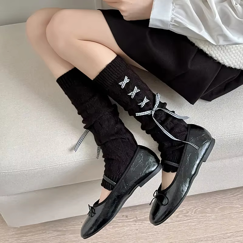 日系甜美Lolita绑带蝴蝶结针织袜套，秋冬时尚女小腿袜，JK风必备