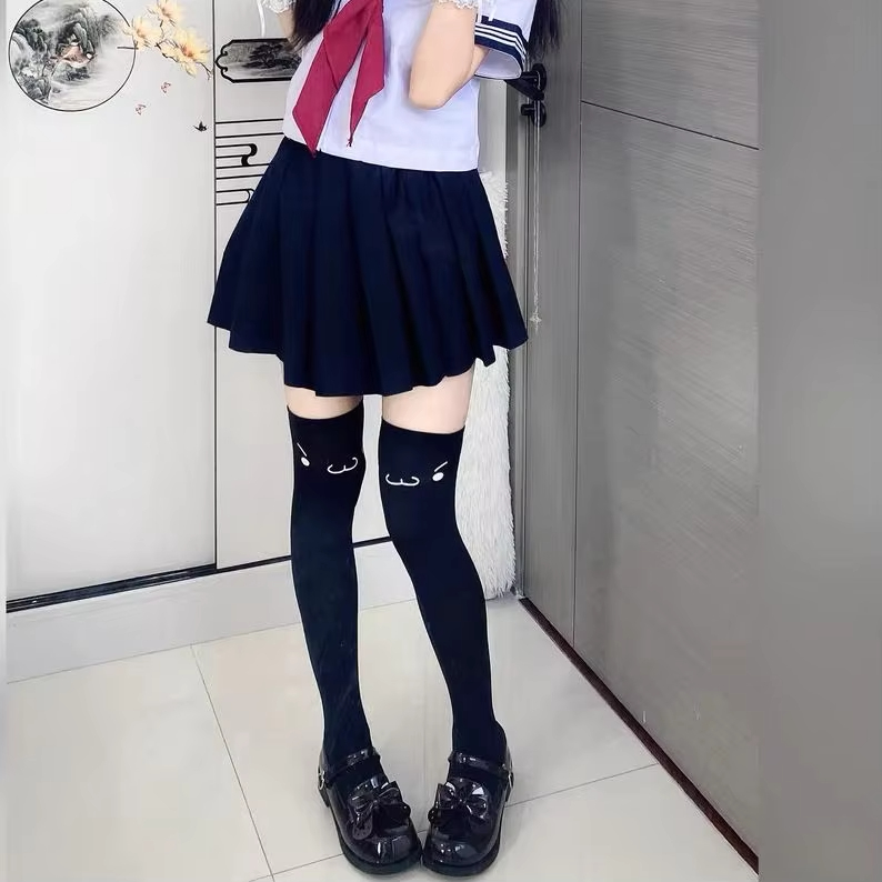 亚文化风潮吊带袜 - 天鹅绒高筒连裤袜，可爱表情印花，纯欲风格Lolita必备