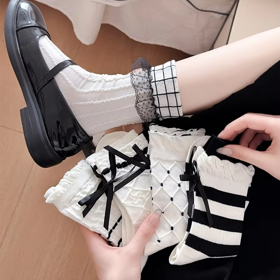 春季韩系无骨白色花边蝴蝶结中筒女袜 时尚叠穿堆堆棉袜子