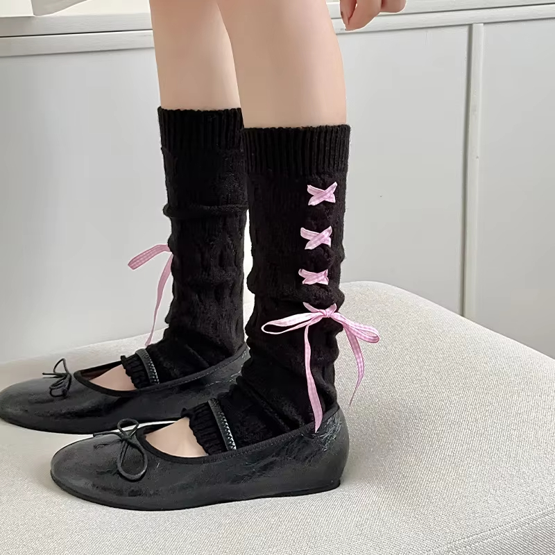 日系甜美Lolita绑带蝴蝶结针织袜套，秋冬时尚女小腿袜，JK风必备
