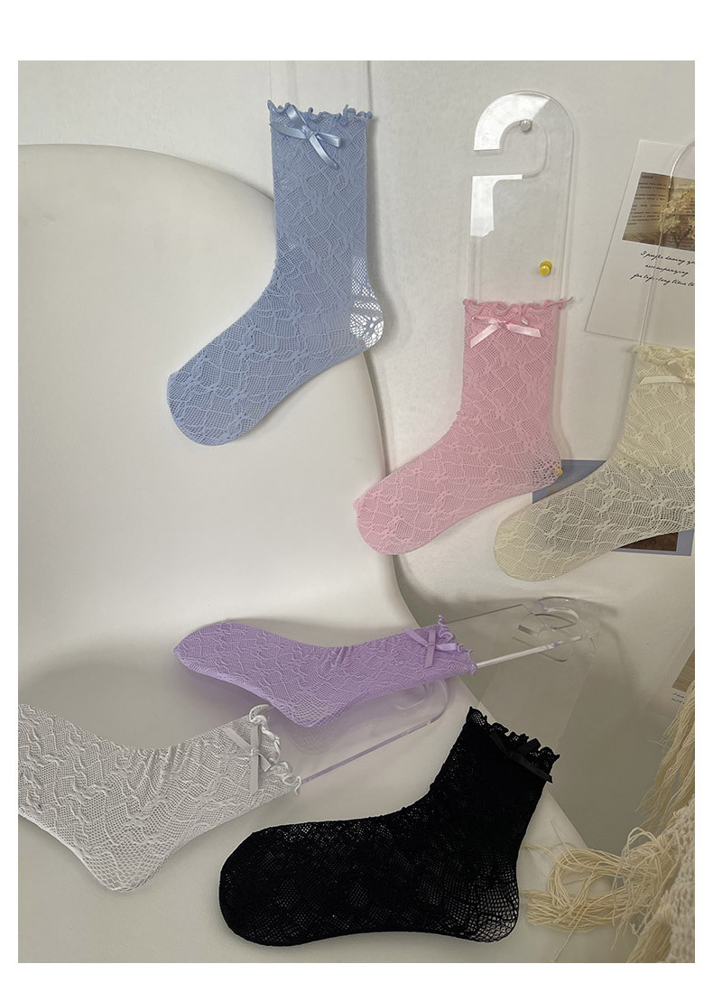2023春夏新品糖果色韩国蕾丝蝴蝶结网袜 洛丽塔少女学生中筒堆堆袜