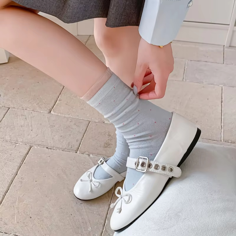 夏季日系波点堆堆袜 无骨纯棉蕾丝花边 芭蕾风中筒女袜 舒适透气