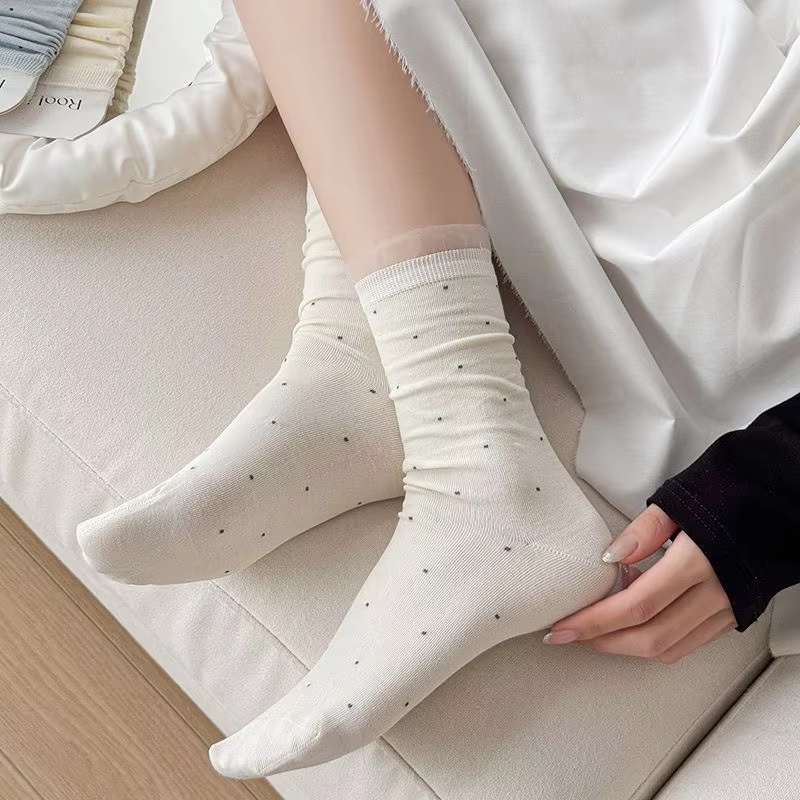 夏季日系波点堆堆袜 无骨纯棉蕾丝花边 芭蕾风中筒女袜 舒适透气