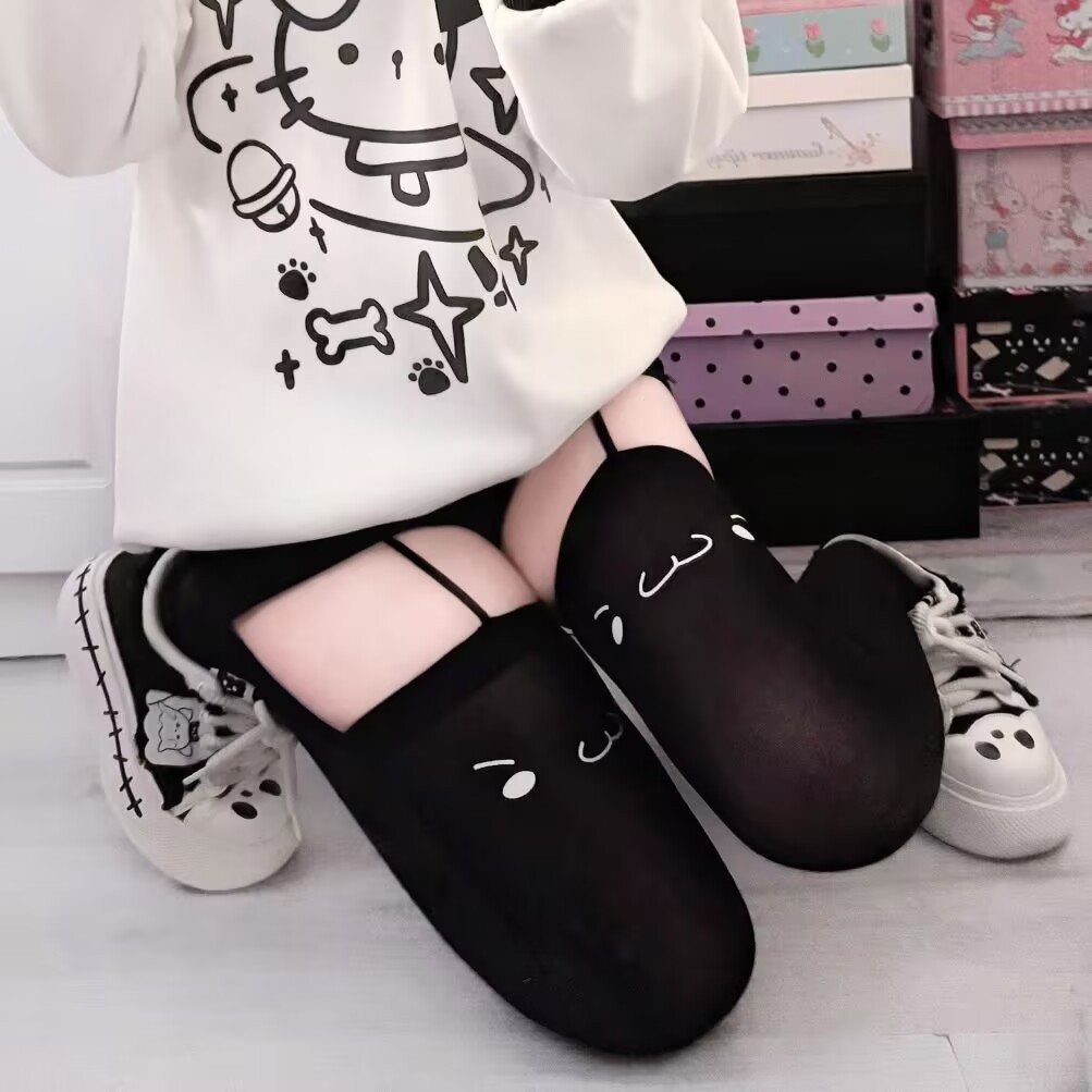 亚文化风潮吊带袜 - 天鹅绒高筒连裤袜，可爱表情印花，纯欲风格Lolita必备