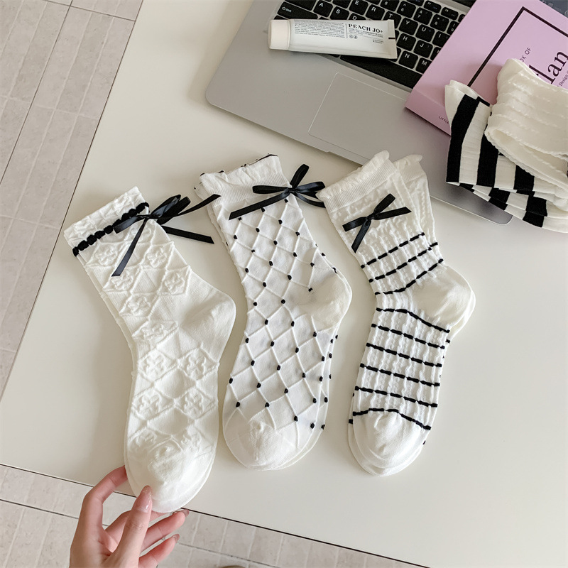春季韩系无骨白色花边蝴蝶结中筒女袜 时尚叠穿堆堆棉袜子